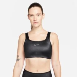 Nike Women's DRI-FIT Swoosh Medium-Support 1-Piece Pad Shine Sports Bra (010 - Black/White)